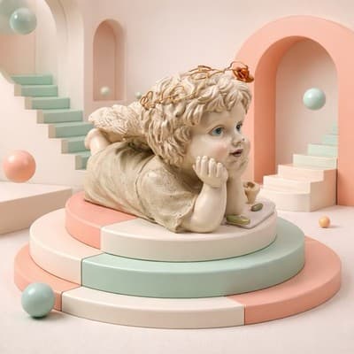A Resin Figurine of A Cherubic Child with A Dog and Art Supplies. Vintage 1995 - Thumbnail 6