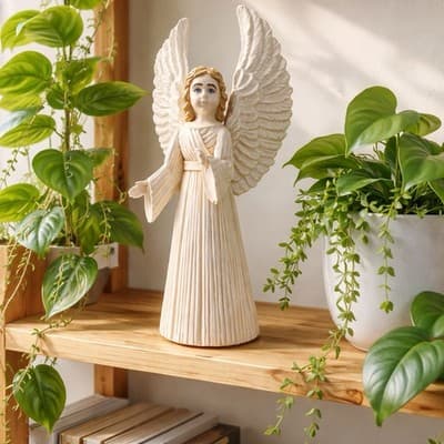Vintage Cream Glazed Ceramic Angel Figurine with Detailed Wings and Robe. 6.5 In - Thumbnail 4