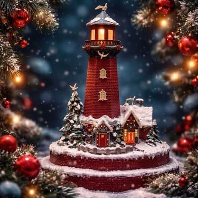 A Decorative Christmas Lighthouse with Snow Trees and Lights. Christmas Decor - Thumbnail 3