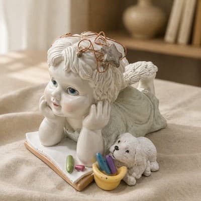 A Resin Figurine of A Cherubic Child with A Dog and Art Supplies. Vintage 1995 - Thumbnail 8