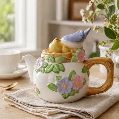 Vintage Teleflora TEAPOT Ceramic Hand Painted Birds in Nest - Thumbnail 3