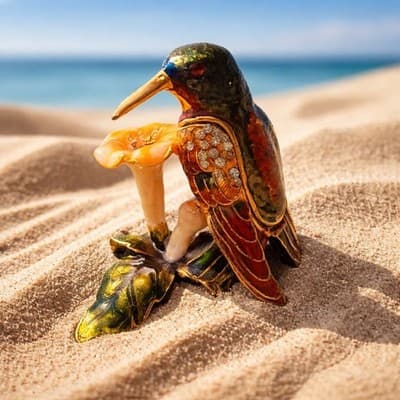 Metal Jeweled Hummingbird & Flower Trinket Box Enamel Hinged Magnetic Closure - Thumbnail 6