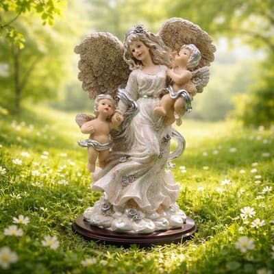 A Resin Figurine of An Angel Holding A Baby and A Cherub. Made In Italy Vintage