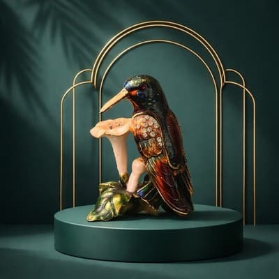 Metal Jeweled Hummingbird & Flower Trinket Box Enamel Hinged Magnetic Closure - Thumbnail 4