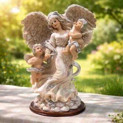 A Resin Figurine of An Angel Holding A Baby and A Cherub. Made In Italy Vintage - Thumbnail 2