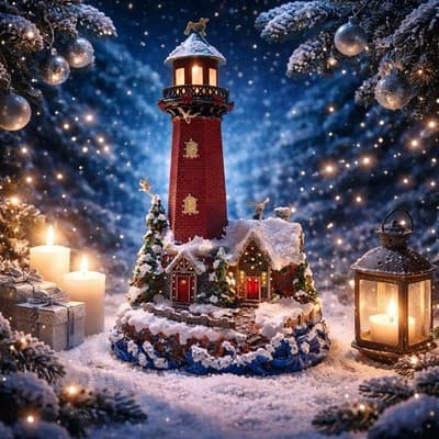 A Decorative Christmas Lighthouse with Snow Trees and Lights. Christmas Decor - Thumbnail 2