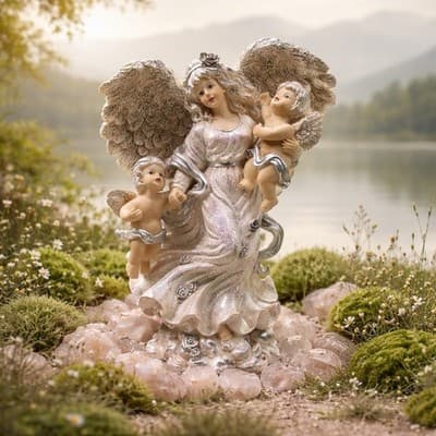 A Resin Figurine of An Angel Holding A Baby and A Cherub. Made In Italy Vintage - Thumbnail 4