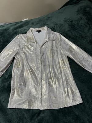 Slinky Brand Women's Size Medium Jacket Open Front Long Sleeve Gold/White - Thumbnail 7