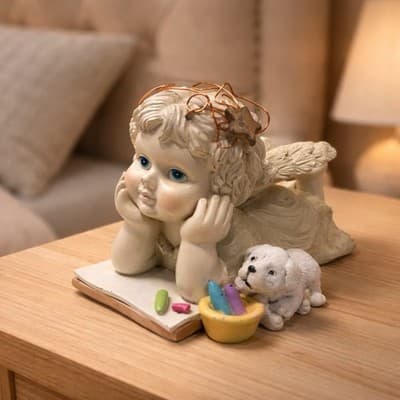 A Resin Figurine of A Cherubic Child with A Dog and Art Supplies. Vintage 1995 - Thumbnail 3
