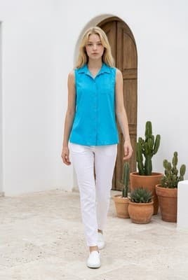 Women's Solid Color Blue Blouse Short Sleeve Button Down Shirt Size Small (4-6)