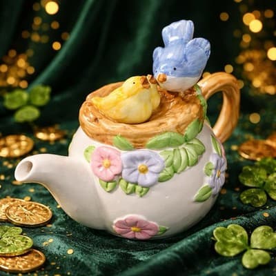 Vintage Teleflora TEAPOT Ceramic Hand Painted Birds in Nest - Thumbnail 2