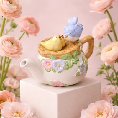 Vintage Teleflora TEAPOT Ceramic Hand Painted Birds in Nest - Thumbnail 4