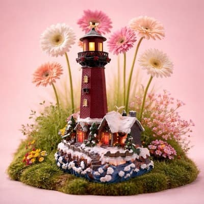 A Decorative Christmas Lighthouse with Snow Trees and Lights. Christmas Decor - Thumbnail 8