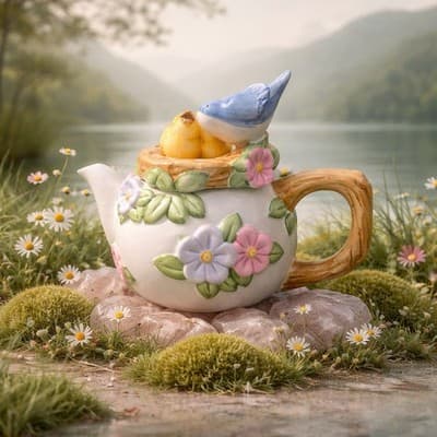 Vintage Teleflora TEAPOT Ceramic Hand Painted Birds in Nest - Thumbnail 8