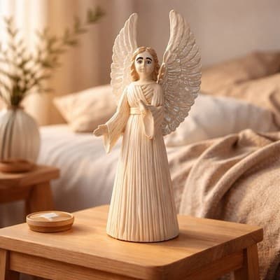 Vintage Cream Glazed Ceramic Angel Figurine with Detailed Wings and Robe. 6.5 In - Thumbnail 7