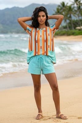 Lucky Blessed Kimono Size Medium Women's Multicolor Striped Print Short Sleeve - Thumbnail 2