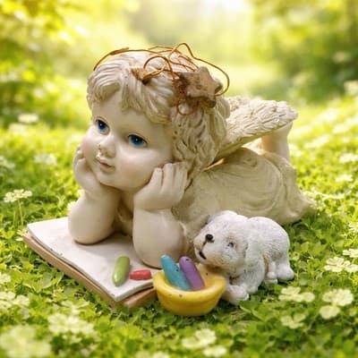 A Resin Figurine of A Cherubic Child with A Dog and Art Supplies. Vintage 1995 - Thumbnail 7