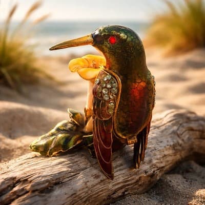 Metal Jeweled Hummingbird & Flower Trinket Box Enamel Hinged Magnetic Closure - Thumbnail 3
