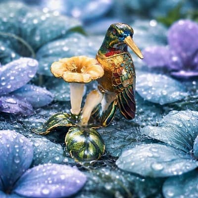 Metal Jeweled Hummingbird & Flower Trinket Box Enamel Hinged Magnetic Closure - Thumbnail 7