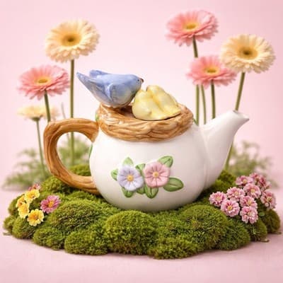 Vintage Teleflora TEAPOT Ceramic Hand Painted Birds in Nest - Thumbnail 9