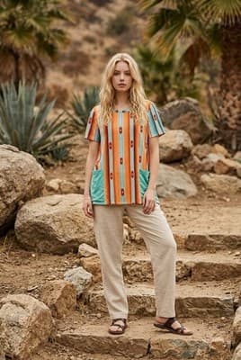 Lucky Blessed Kimono Size Medium Women's Multicolor Striped Print Short Sleeve - Thumbnail 5