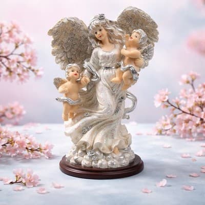 A Resin Figurine of An Angel Holding A Baby and A Cherub. Made In Italy Vintage - Thumbnail 5