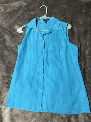 Women's Solid Color Blue Blouse Short Sleeve Button Down Shirt Size Small (4-6) - Thumbnail 2
