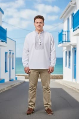 White Cotton Embroidered Shirt with Traditional Ukrainian Floral Embroidery Smal - Thumbnail 2