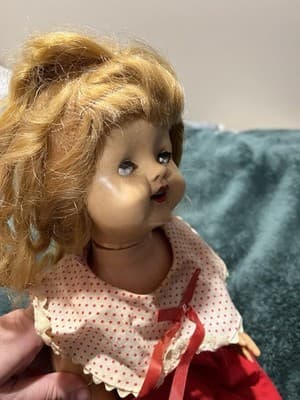 Vintage Composition Doll with Blonde Hair Sleepy Eyes and Red Dress. 19 Inches - Thumbnail 5