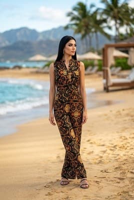 Contemporary Paisley-print Jumpsuit with Belt Medium Size Women's - Thumbnail 3