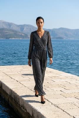 Black Gold Metallic Wide Leg V-Neck Cap Sleeve Glam Jumpsuit Womens Size M - Thumbnail 6