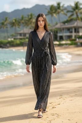 Black Gold Metallic Wide Leg V-Neck Cap Sleeve Glam Jumpsuit Womens Size M - Thumbnail 4