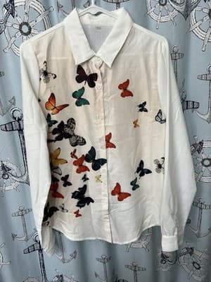 Women's Blouse Top Size Large Butterfly Print Long Sleeve Button Up Lightweight - Thumbnail 11