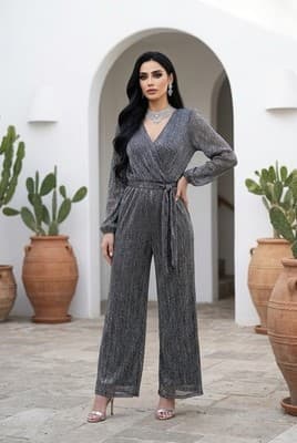 Black Gold Metallic Wide Leg V-Neck Cap Sleeve Glam Jumpsuit Womens Size M - Thumbnail 3