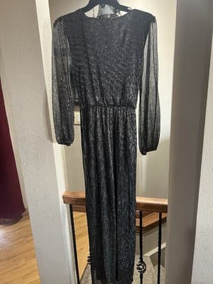 Black Gold Metallic Wide Leg V-Neck Cap Sleeve Glam Jumpsuit Womens Size M - Thumbnail 9