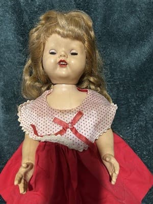 Vintage Composition Doll with Blonde Hair Sleepy Eyes and Red Dress. 19 Inches - Thumbnail 2