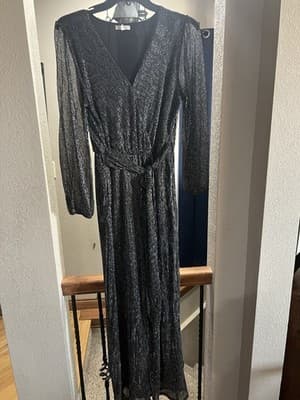 Black Gold Metallic Wide Leg V-Neck Cap Sleeve Glam Jumpsuit Womens Size M - Thumbnail 8