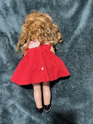 Vintage Composition Doll with Blonde Hair Sleepy Eyes and Red Dress. 19 Inches - Thumbnail 10