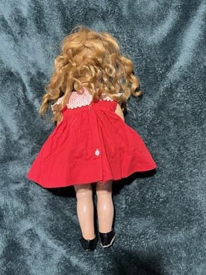 Vintage Composition Doll with Blonde Hair Sleepy Eyes and Red Dress. 19 Inches - Thumbnail 9