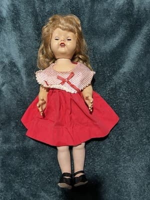 Vintage Composition Doll with Blonde Hair Sleepy Eyes and Red Dress. 19 Inches - Thumbnail 3
