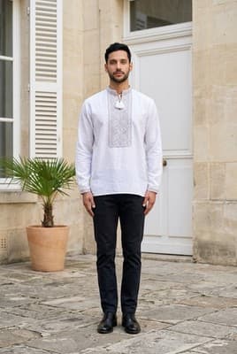 White Cotton Embroidered Shirt with Traditional Ukrainian Floral Embroidery Smal - Thumbnail 3