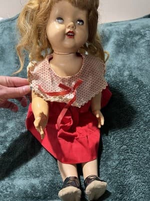 Vintage Composition Doll with Blonde Hair Sleepy Eyes and Red Dress. 19 Inches - Thumbnail 7