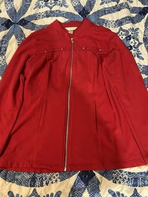 Red cotton-blend zip-up jacket with rhinestone embellishments by CJ Banks M