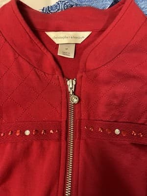 Red cotton-blend zip-up jacket with rhinestone embellishments by CJ Banks M - Thumbnail 2