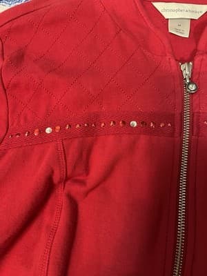 Red cotton-blend zip-up jacket with rhinestone embellishments by CJ Banks M - Thumbnail 4