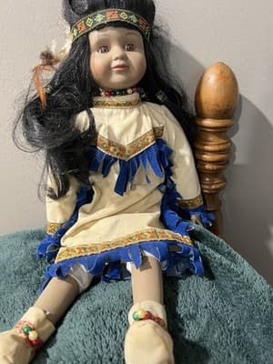 Native American Doll with Baby, Leather Beaded White Fringe Dress, 16” Handmade - Thumbnail 4