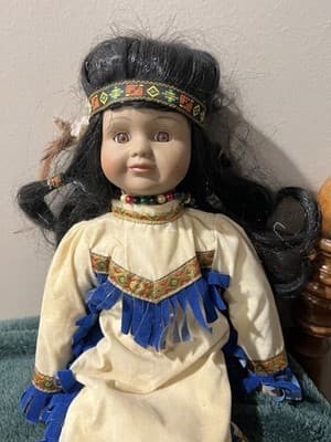 Native American Doll with Baby, Leather Beaded White Fringe Dress, 16” Handmade - Thumbnail 6