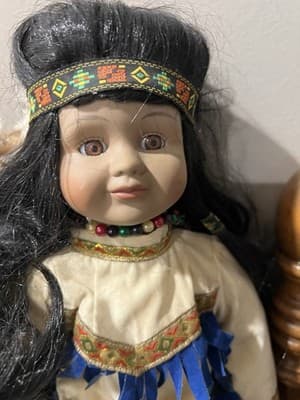 Native American Doll with Baby, Leather Beaded White Fringe Dress, 16” Handmade - Thumbnail 2