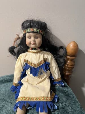 Native American Doll with Baby, Leather Beaded White Fringe Dress, 16” Handmade - Thumbnail 7
