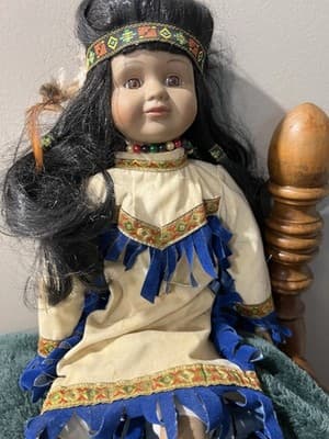 Native American Doll with Baby, Leather Beaded White Fringe Dress, 16” Handmade - Thumbnail 5